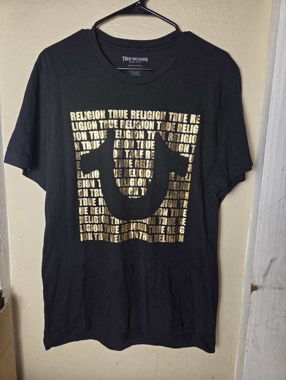 True Religion Shirt Jet Black Gold Script Tee Large Mens